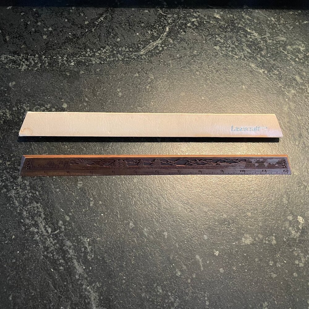 Vinatge Walnut Triangular Ruler Etched Global Seafaring Motif